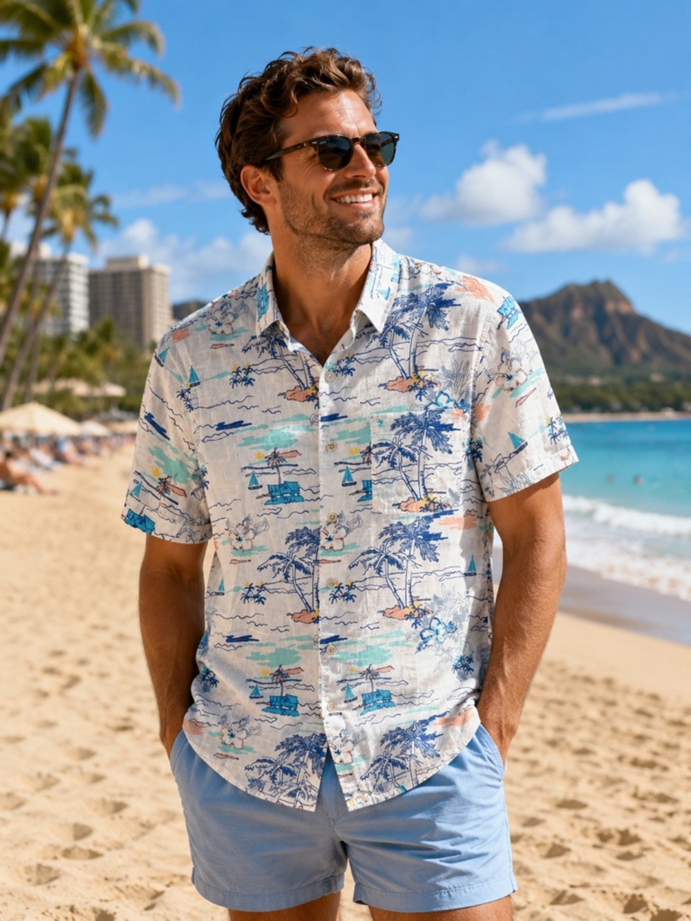 Izod Men’s White Short-Sleeve Tropical Hawaiian Print Shirt with Blue & Coral